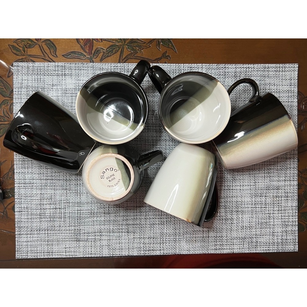 Sango Eclipse Black Coffee Mugs Set of 6 Stoneware 4975 Two Tone Tan Black